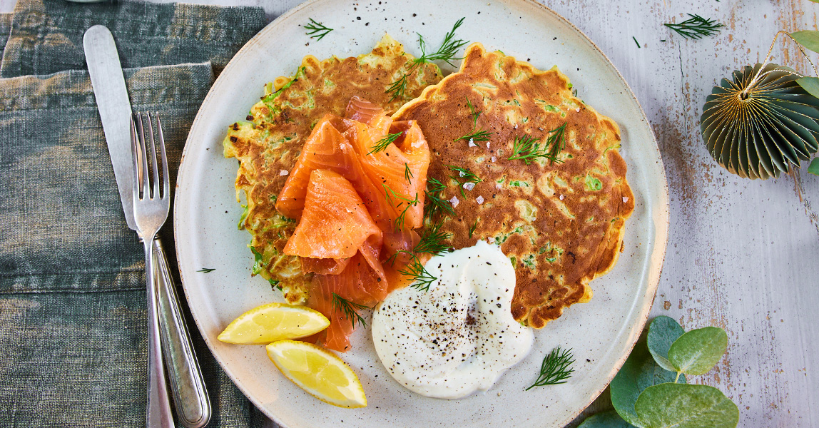Brussel Sprout Pancakes with Smoked Salmon | Clarence Court